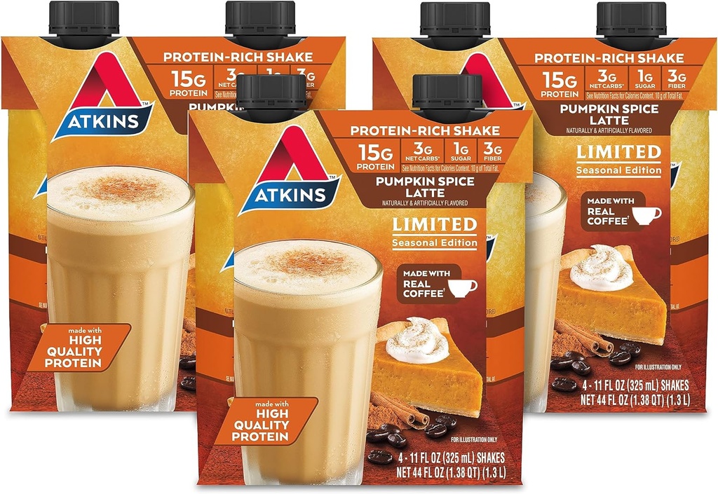 Atkins Pumpkin Spice Latte, 15g חלבון, 3g Net Carbs, 1g סוכר, נמוך Glycemic, Keto Friendly, 12 Count