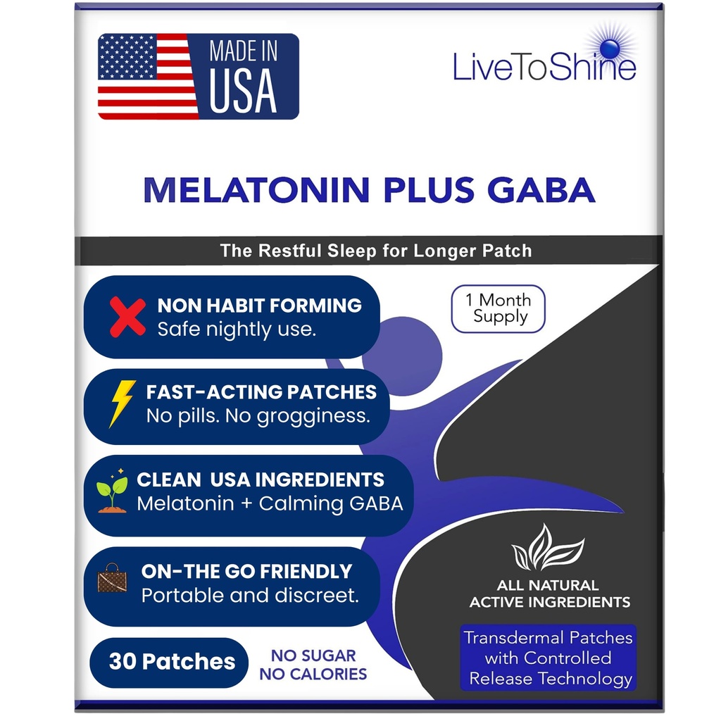 Live to Shine Melatonin Patches for Sleep - Plus GABA to Calm Busy Brains Fast - Perfect Combo for Men and Women - Slow Release - 30 Patches - ארצות הברית Made