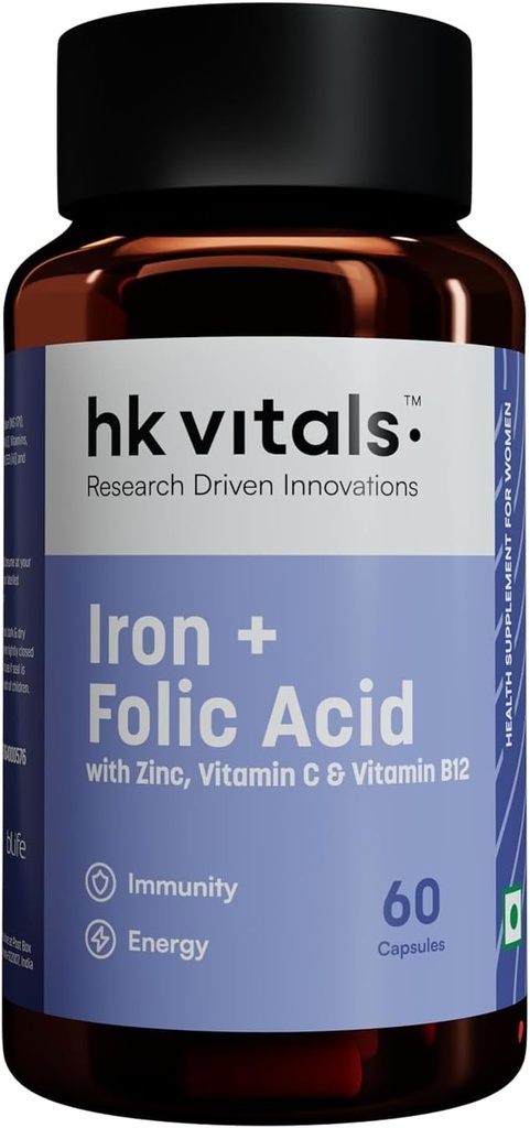 מחקר מונע חדשנות ברזל + Folic Acid עם Zinc, ויטמין C & ויטמין B12 תוסף (60 קפסולות) | תמיכה בבנין דם | חסינות ואנרגיה
