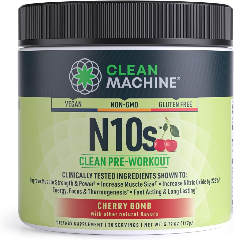 CLEAN MACHINE N10s Plant-based Pre Workout אבקת - תוספת אנרגיה טבעונית עם 3 רכיבים נבדקים קלינית עבור גודל שרירים, כוח, משאבה ו אנדורנס - Non-GMO, 30 משרתים