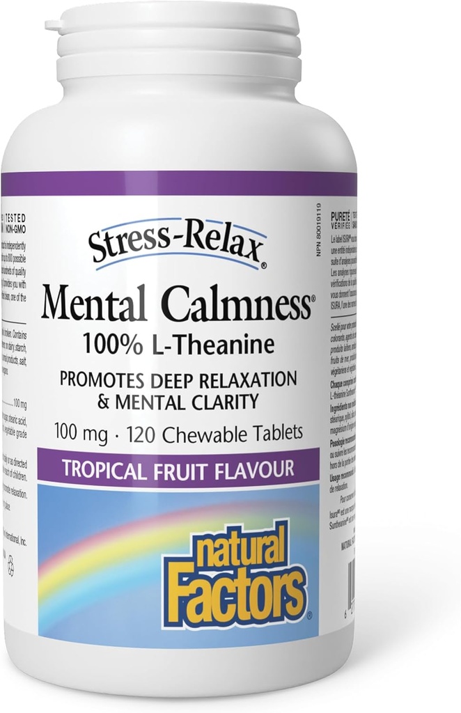 מתח-Relax Chewable Suntheanine L-theanine 100 מ"ג על ידי גורמים טבעיים, תמיכה בלחץ לא-Drowsy עבור קלוריות נפשית להירגע, פירות טרופיים, 120 טבליות