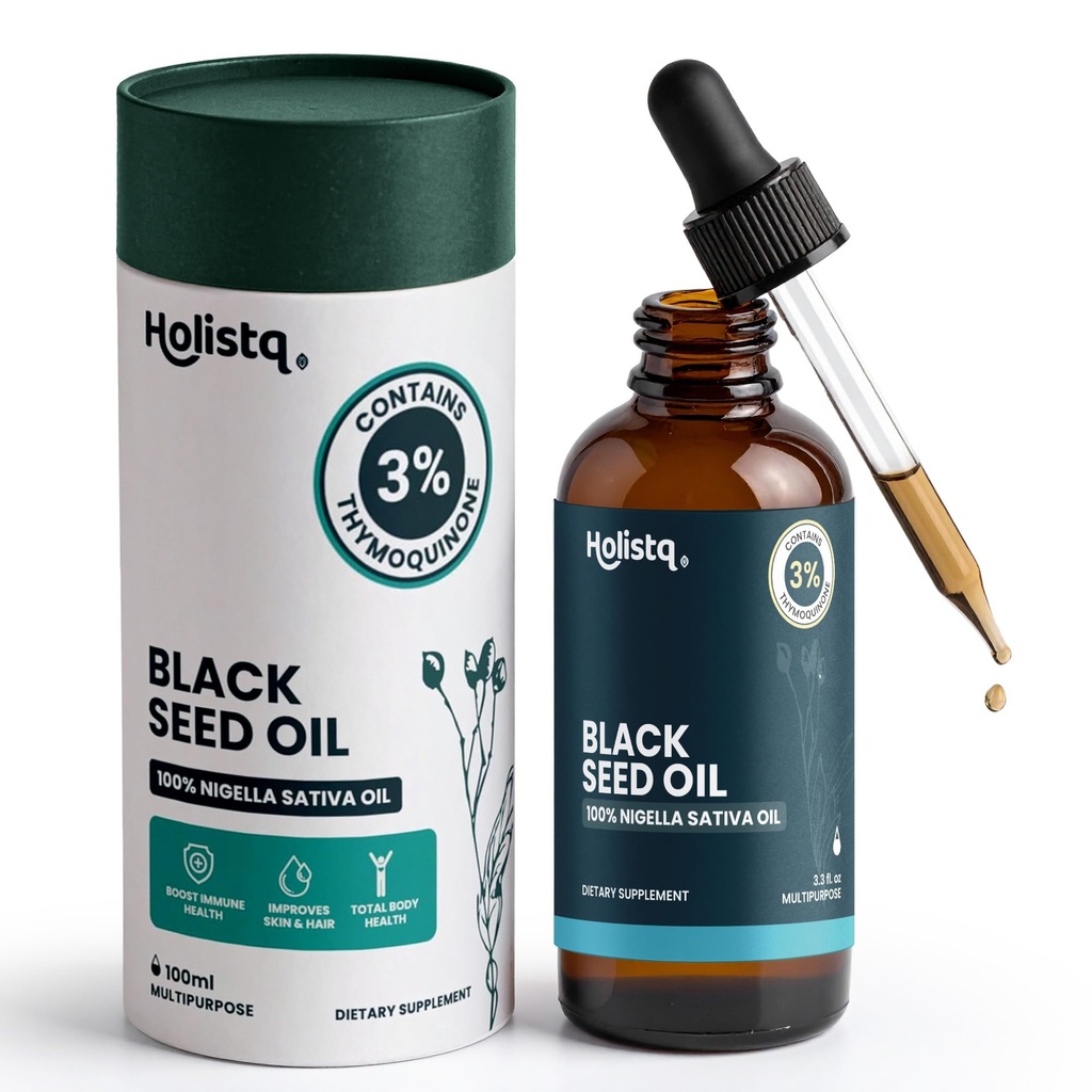 Holistiq Black Seed Oil Organic Cold Pressed Drops | 3% Thymoquinone | Non-GMO & Vegan | Cold Pressed Black Cumin Nigella Sativa Oil for Immune Support, Aceite de Comino Negro - Drops, 100 mLL