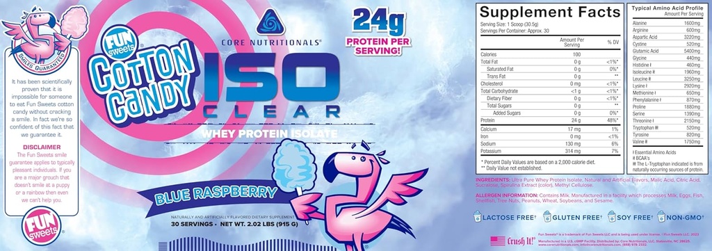 דיאטות הליבה Iso Clear Whey חלבון Isolate | Low Calorie, Carb ושומן | Lactose חינם & Easy to Digest | 24g חלבון, Zero Sugar | 2 פאונד (Funs Blue Raspberry)