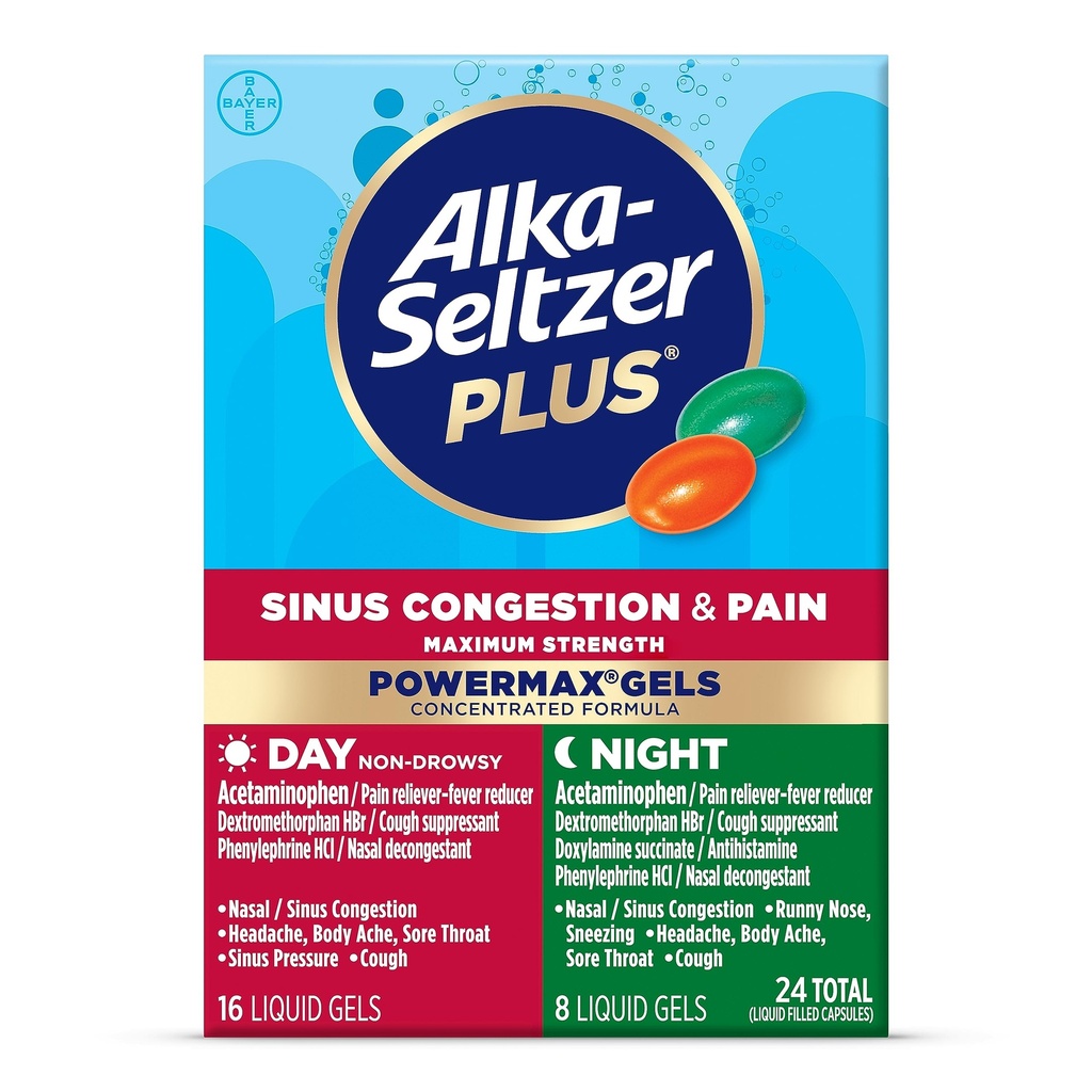 Alka-Seltzer Plus כוח מקסימלי PowerMax Sinusungestion & Pain Medicine, Day + Night Liquid Gels - סיוע עוצמתי להצטננות ושפעת, + Sinus Communityestion for Adults and Children 12+ 24 שנים, הרוזן