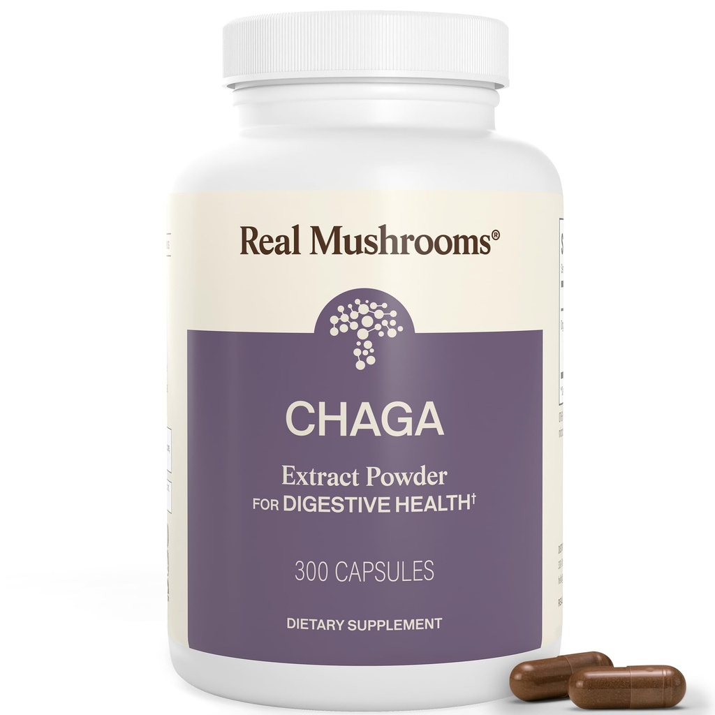 Real Mushrooms Chaga Mushroom קפסולות - אבקת צ'אגה אורגנית עם אבקת חילוף עבור בריאות ואנרגיה תמיכה - טבעוני, non-GMO, 300 קפסולות - אורגני Mushroom