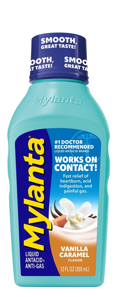 Mylanta Heartburn and Gas Relief, נוזל Antacid, Vanilla Karamel Flavor, 12 Fluid Ounce