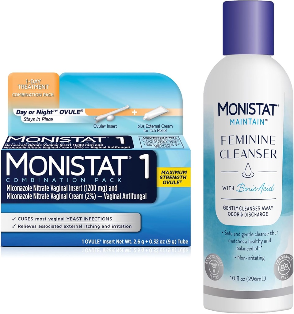 Monistat 1 Day Yeast זיהום טיפול לנשים, 1 Miconazole Ovule הכנס & חיצונית Monistat Anti-Itch Cream Bundle + 10 flic Acid Feminine ניקוי