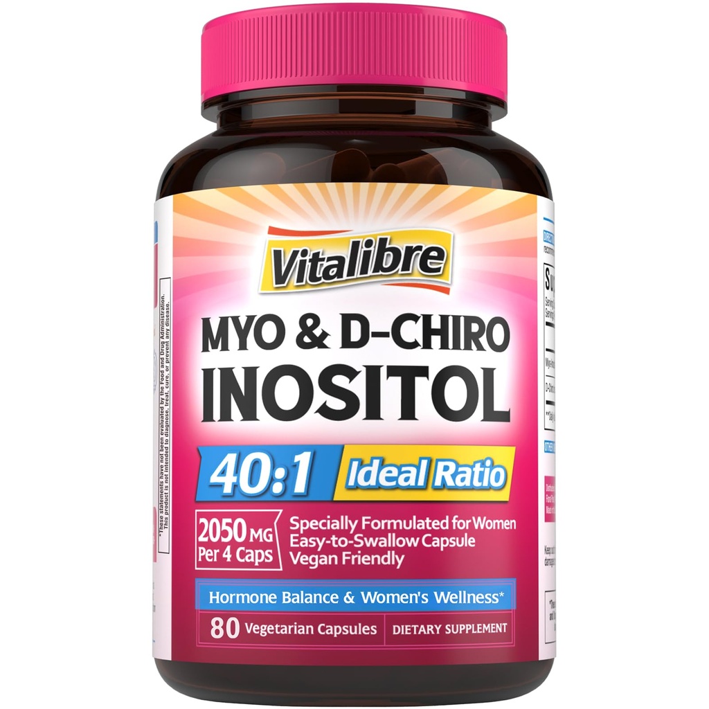 תוסף Inositol, Myo-Inositol & D-Chiro Inositol פריון תוספי עבור נשים, 40:1 אידיאלי Ratio, איזון הורמונלי ותמיכה Ovarian, 80 קפסולות טבעוניות