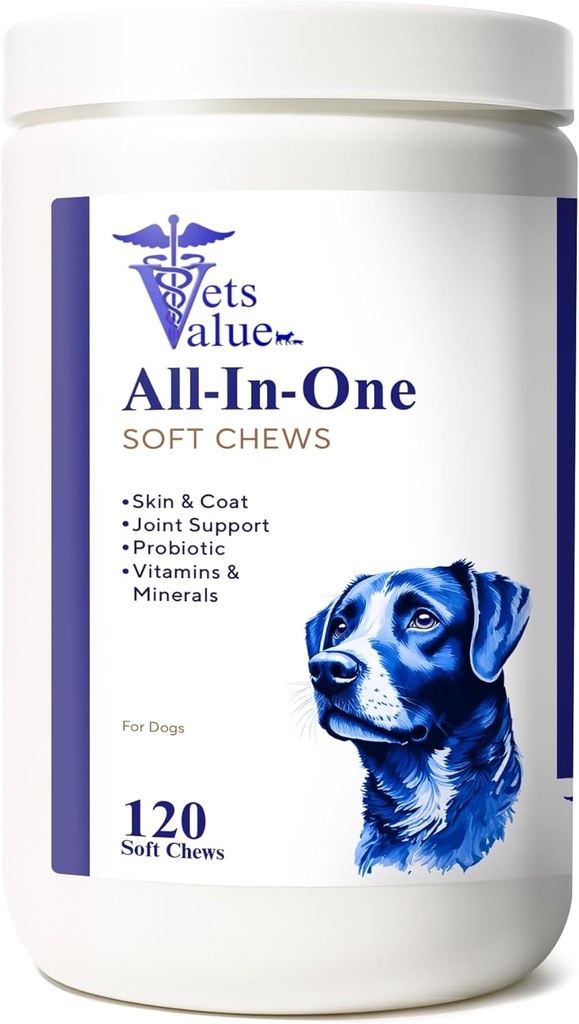 כלב Multivitamin Chews (120 Chews Soft Chews) - All-in-One ויטמינים לכלבים של כל ימי העידנים, Sizes & Breeds | תמיכה ב- Immunity, Digestive Health, Skin, Stick Health with Glucosamine, אומגה Fat Acids