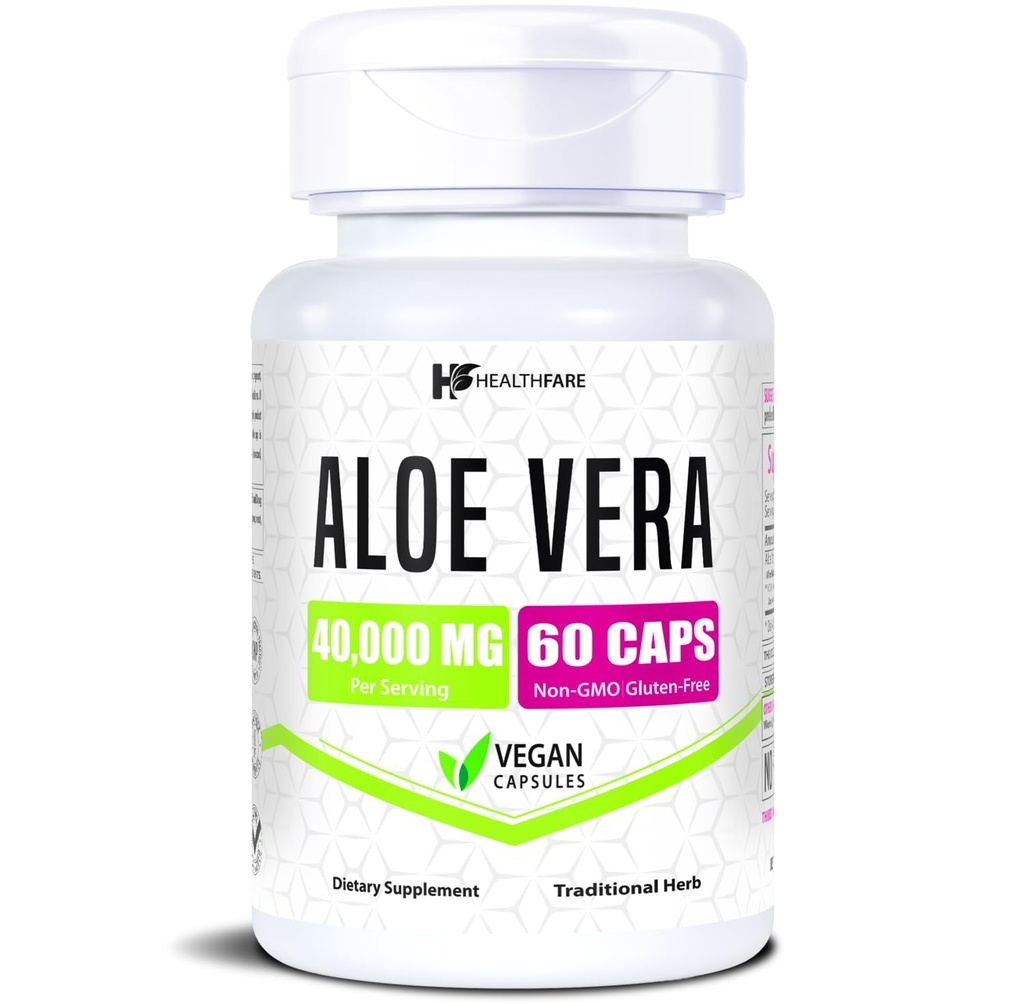 Healthfare Aloe Vera קפסולות 40,000 מ"ג | 60 גלולות טבעוניות | Inner Leaf Aloe Vera לחלץ תוסף