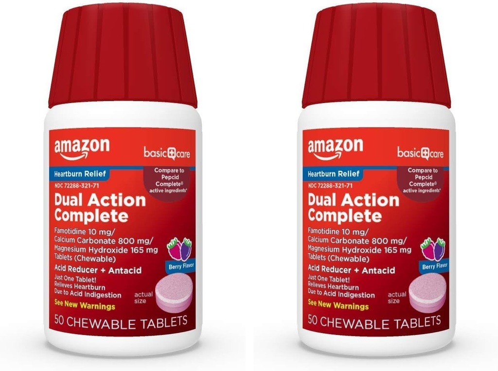 פעולה כפולה בסיסית משלימה, צ'ייד צמצם פלוס Antacid טבליות, ברי פלאמור, Heartburn Medicine, Acid Indigestion הקלה, 50 Count (Pack of 2)