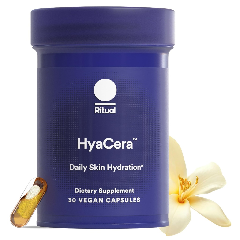 Ritual HyaCera Skin תוספת לתמיכה Wrinkle, עם Hyabest® ו- Ceratiq® עבור תמיכה בהשבתת העור, Hyaluronic Acid, Glycolipids, Ceramides, Gluten Free, non GMO, Vanilla Essence, 30 יום אספקה אספקה אספקה