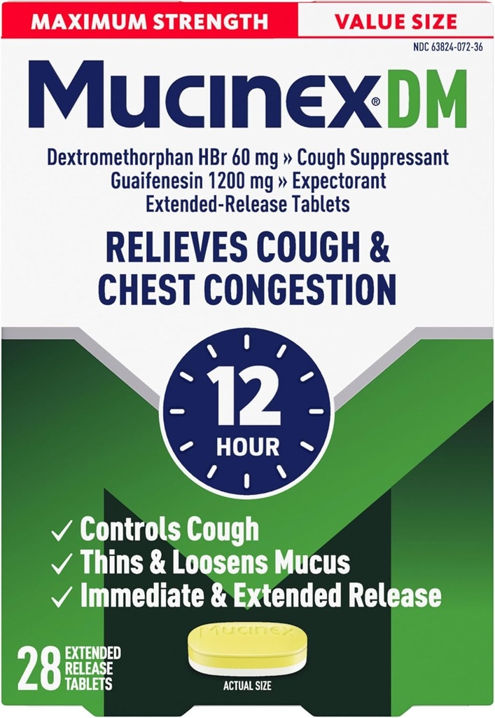 Mucinex Cough Suppressant and Expectorant, DM כוח מקסימלי 12 טבליות, 28ct, 1200 מ"ג Guaifenesin, Relieves Chestungestion, Quiets Wet ו יבש Cough, #1 דוקטור מומלץ OTC מצפהorant מצפה
