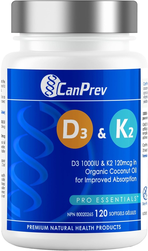 CanPrev D3 & K2 ויטמינים 120 Softgels, 120 ימים אספקה, 1000IU ויטמין D3 & 120mcg K2, תומך עצמות חזקות, שיניים, בריאות הלב, Easy-to-Absorb עם שמן קוקוס אורגני, No GMO, Gluten, Soy, חלב