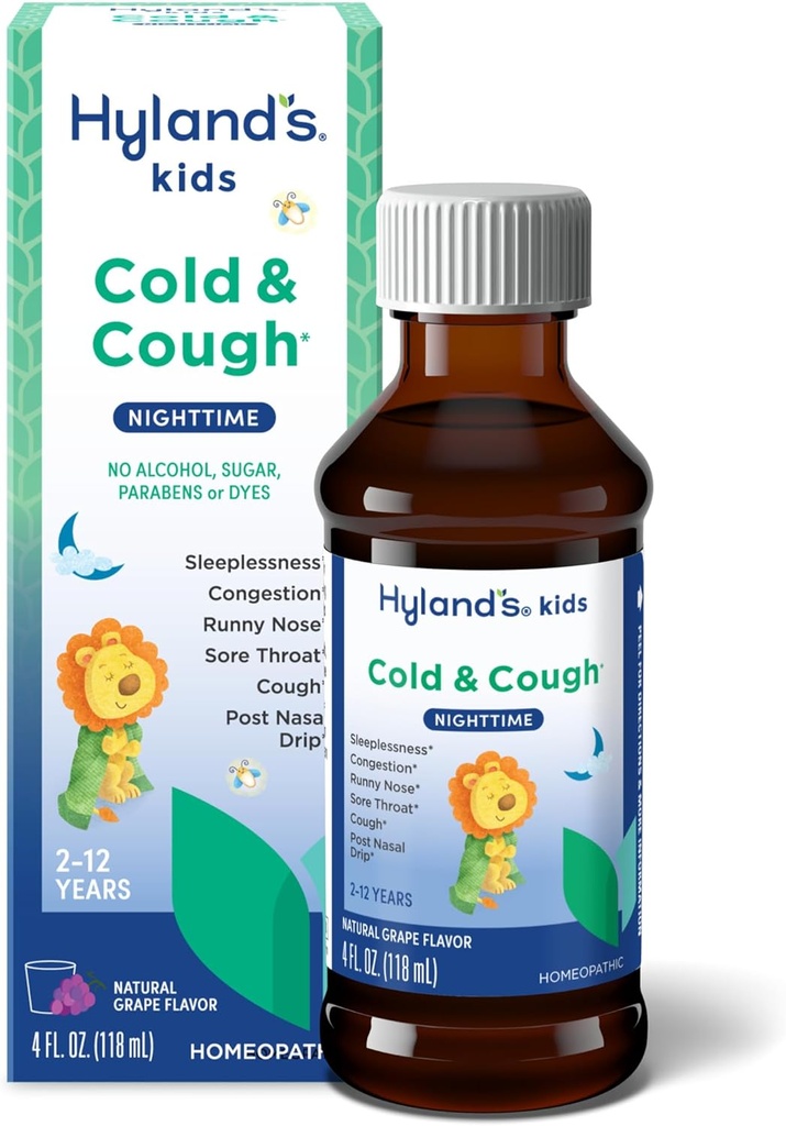 הילדים של Hyland קר ו Cough, Nighttime Grape Flavor Cough Syrup Medicine for Kids Ages 2 ומעלה, Decongestant, Soreגרון, ו- Sleepless Relief of Common Coldתסמינים, 4 Fl Oz