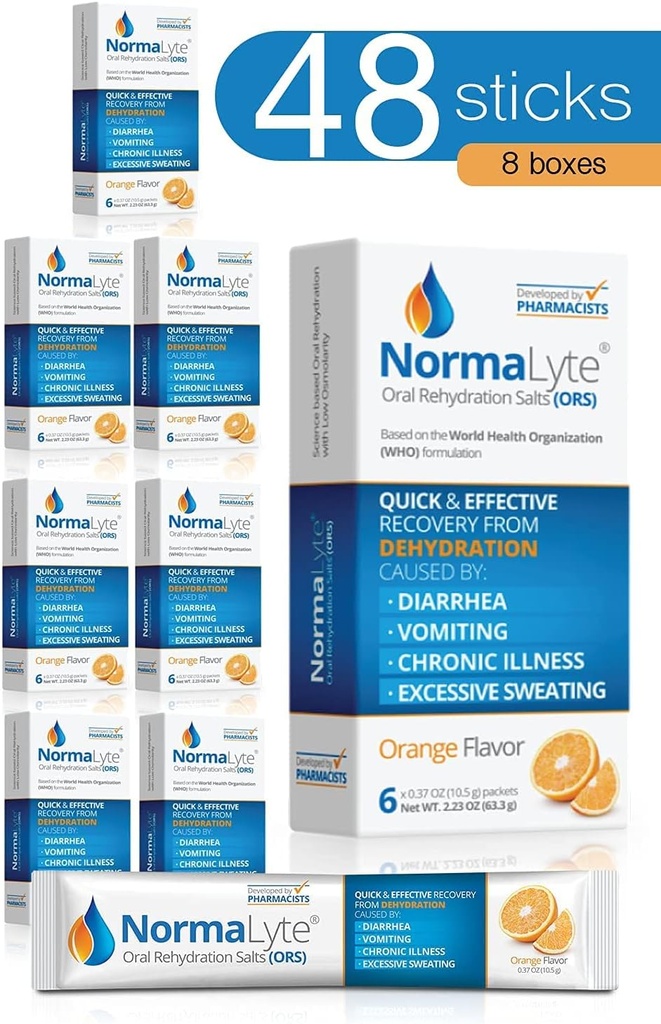 NormaLyte Oral Rehydration Salts-48 Sticks Packs (Yields 500mL per Pack)-Orange: תוספי אנרגיה, תוסף Potassium, Dehydration Recovery and Quick Absorption