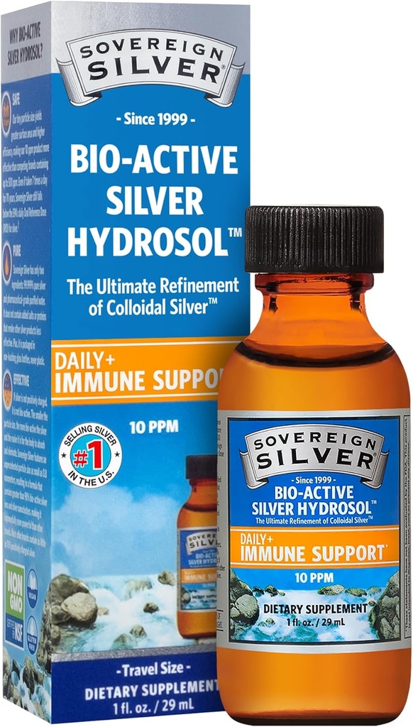 ריבונית Silver Immune Support - Colloidal Silver, Bio-Active Silver Hydrosol, 10 ppm, נוזל טוויסט למעלה, גודל נסיעה, 1 Fl Oz, (29 mL)