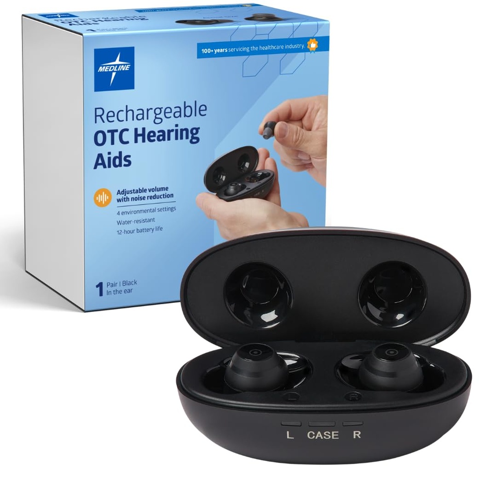 Medline Rechargeable OTC שמיעה איידסs, שחור, In-the-Ear, 4 הגדרות סביבתיות, מים עמידים, נפח מכוונן, מילד כדי להפחית את אובדן השמיעה, Noise Reduction, אוזן קשבת