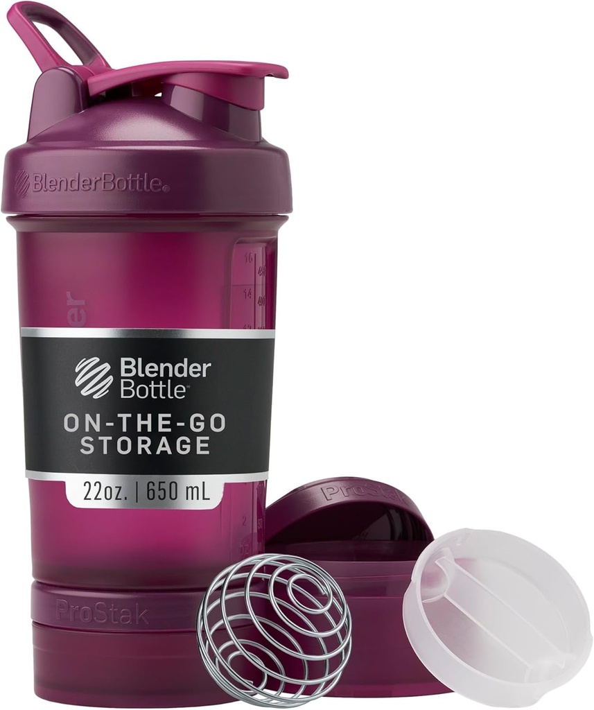 BellerBottle Shaker Bottle with Pill Organer and Storage for Protein, Classic V2 ProStak System, 22-Ounce, Plum