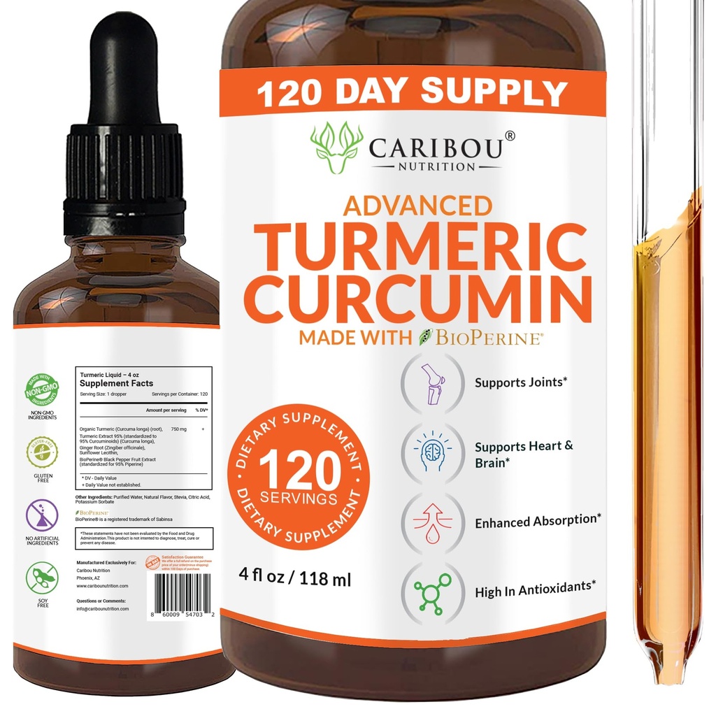 כורכום נוזלי עם bioperine עבור Absorption משופרת - תוסף Turmeric Curcumin לתמיכה משותפת - פלט Turmeric עם Black Pepper - 2 חודש אספקה - 4oz