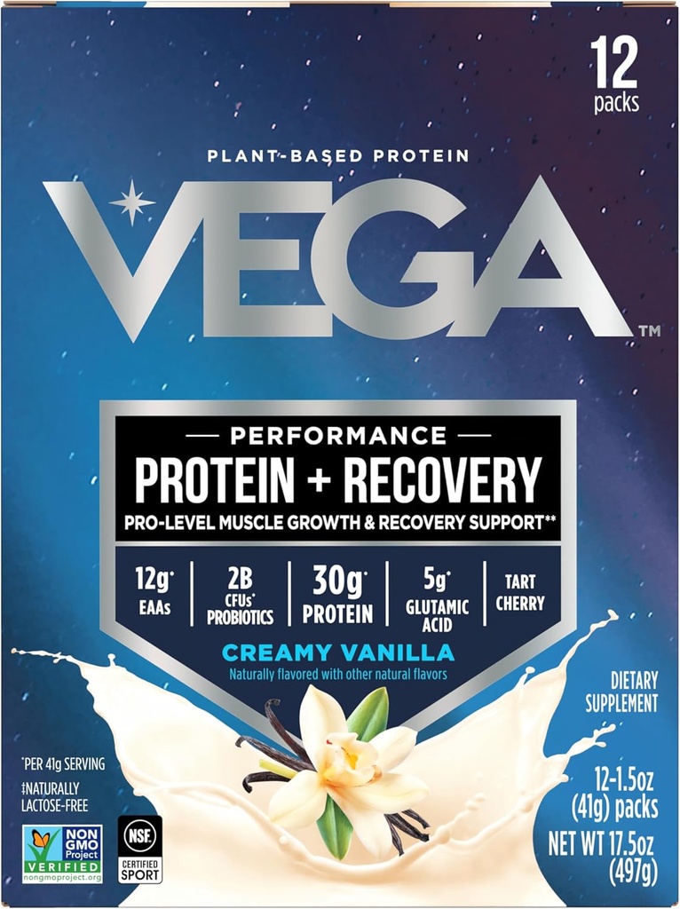חלבון וגה + Recovery - 30g Plant- Based חלבון לשרת, וניל, 12 x1.6oz Sachets, 5g BCAAs, Probiotics, NSF מוסמך, עבור Shakes & Smoothies, (Packaging May Vary)