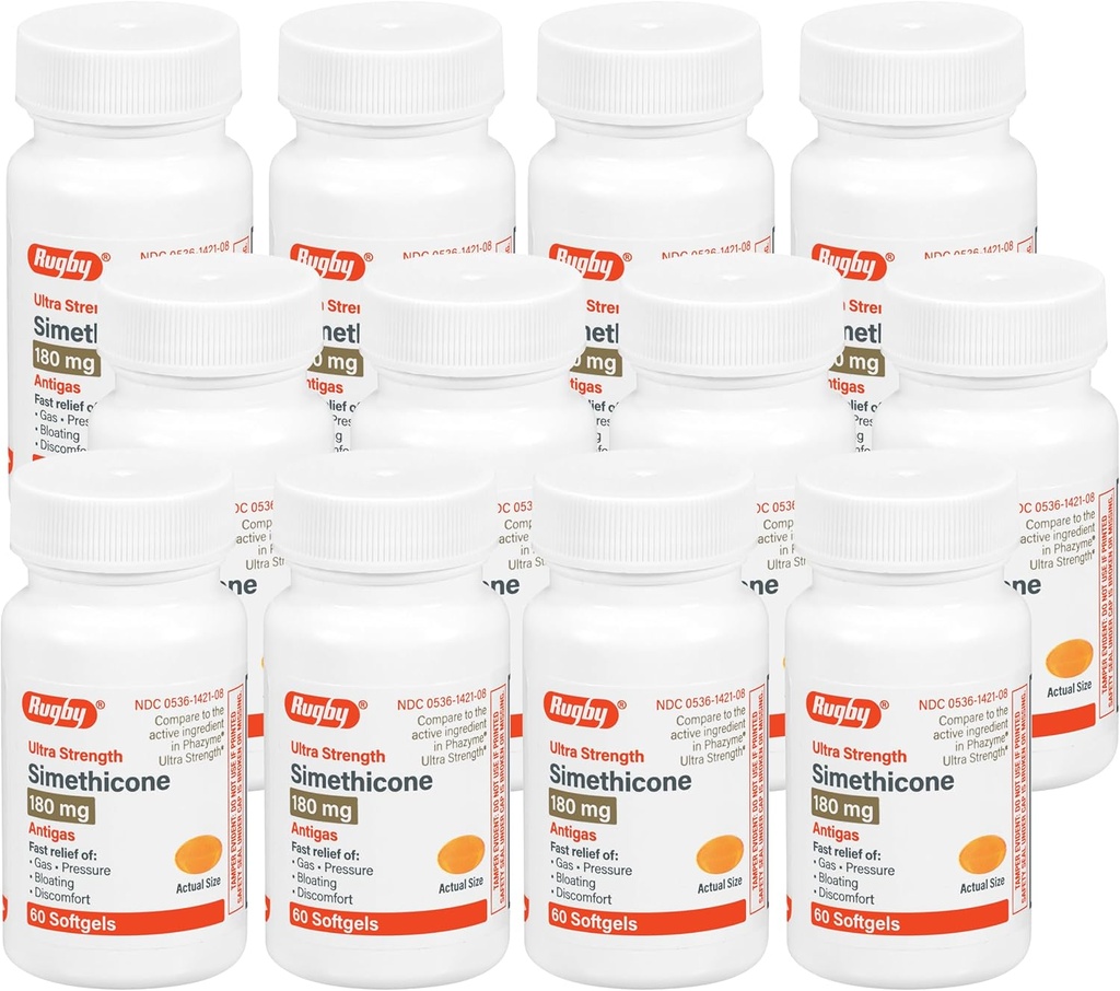 רוגבי Ultra Power Simethicone Gas Relief 180 מ"ג - הקלה מקסימלית של גז למבוגרים - May Help withתסמינים של Flatulence, Bloating, Gas Fullness - 60 Softgels (12 Pack)