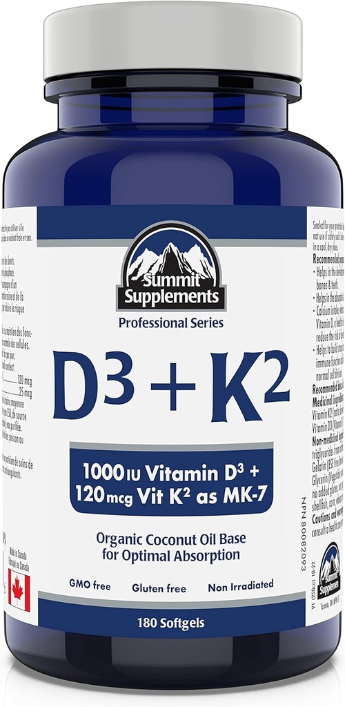 תוספי פסגה - ויטמין D3 K2, 180 Softgels - פורמולה כדי לעזור לך לשמור על עצמות בריאות, שיניים ושרירים - תמיכה גוף Calcium Absorption ולהפחית את הסיכון של Fractures