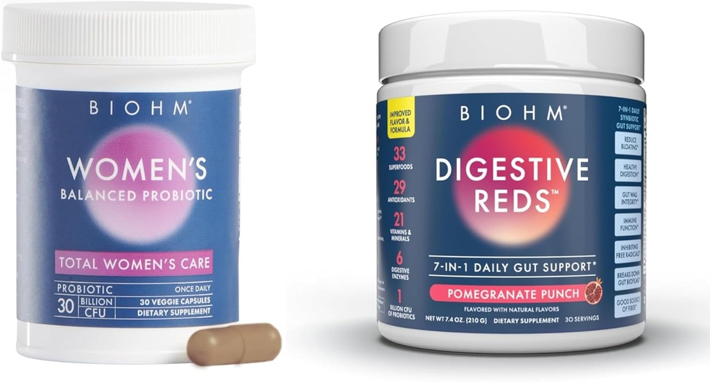 ה-BIOHM Women's Probiotics 30B CFU & 210 oz Essential Digestive Reds אבקת Bundle, מקיפה את התמיכה ב- Gut & Vaginal Health Support, Rich in Antioxidants, Enzymes, ויטמינים