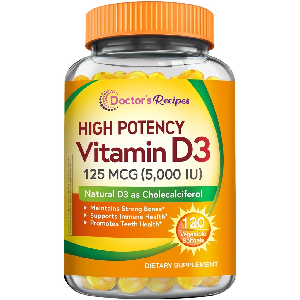 המתכונים של הדוקטור ויטמין D3 5000IU, Immune Support for העצמות, השיניים ותפקוד Immune, non-GMO, No Gelatin, Gluten or Soy, 120 Softgels Vegetarian Softgels