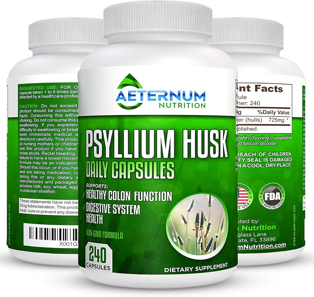 Aeternum Psyllium Husk Caps USA Made - Premium All Natural סיבים - 240 אבקת Husk כמוסות 725 Mg לכל משרת, תומך במערכת העיכול בריאה - כל טבעי 100% Soluble