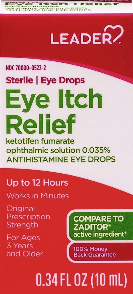 LEADER Sterile Eye טיפות עבור עין Allergy & Itch הקלה, Ketotifen Antihistamine פתרון 0.035%, עובד דקות, עד 12 שעות, תוספת כוח 0.34 oz