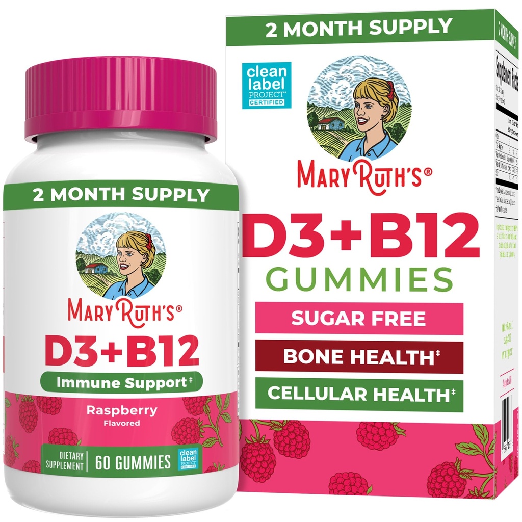 MaryRuth Organics Sugar Free | 2 חודשים אספקת ויטמין D & B12 תוספי ויטמינים למבוגרים ולילדים | בריאות העצם | תמיכה בשומן
