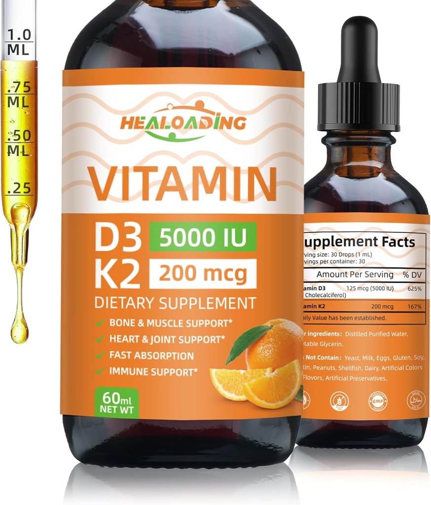 ויטמין D3 + K2 טיפות: 5000 IU Plant- Based D3 & 200mcg K2 נוזלי תוספי מזון | קיצור מהיר לתמיכה במזל, בריאות העצם & הלב | טבעוני, non-GMO (30 מ"ל)