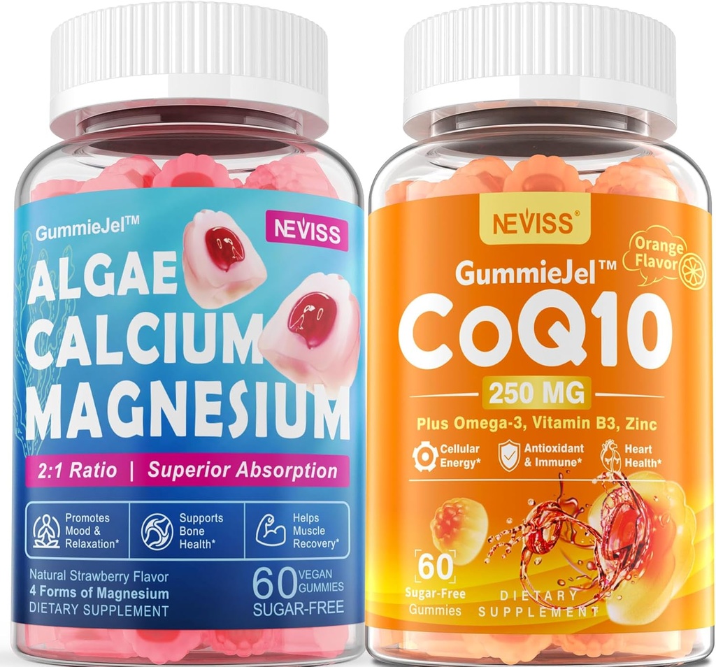 סוכר חינם Calcium תוספת 600 מ"ג, Algae Calcium Magnesium 2:1 Ratio + סוכר חינם CoQ10-250 מ"ג מלא חניכיים, גבוה Absorption Coenzyme Q10