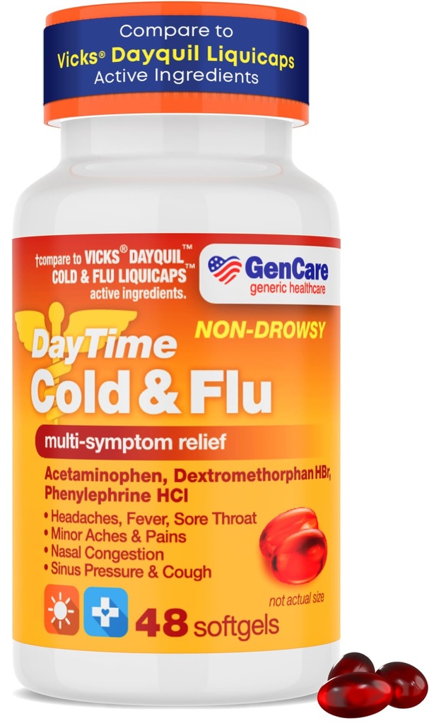 GenCare - Multi Symptom non Drowsy Daytime Cold & Flu הקלה Acetaminophen 325 מ"ג, Dextromethorphan HBr 10 מ"ג, Phenylephrine HCl 5 מ"ג (48 Softgels) non Habit Forming Pain Reliever & Nasal Decestentantantantantantantantantantantantantantantantantantantantantantantantantantantantance