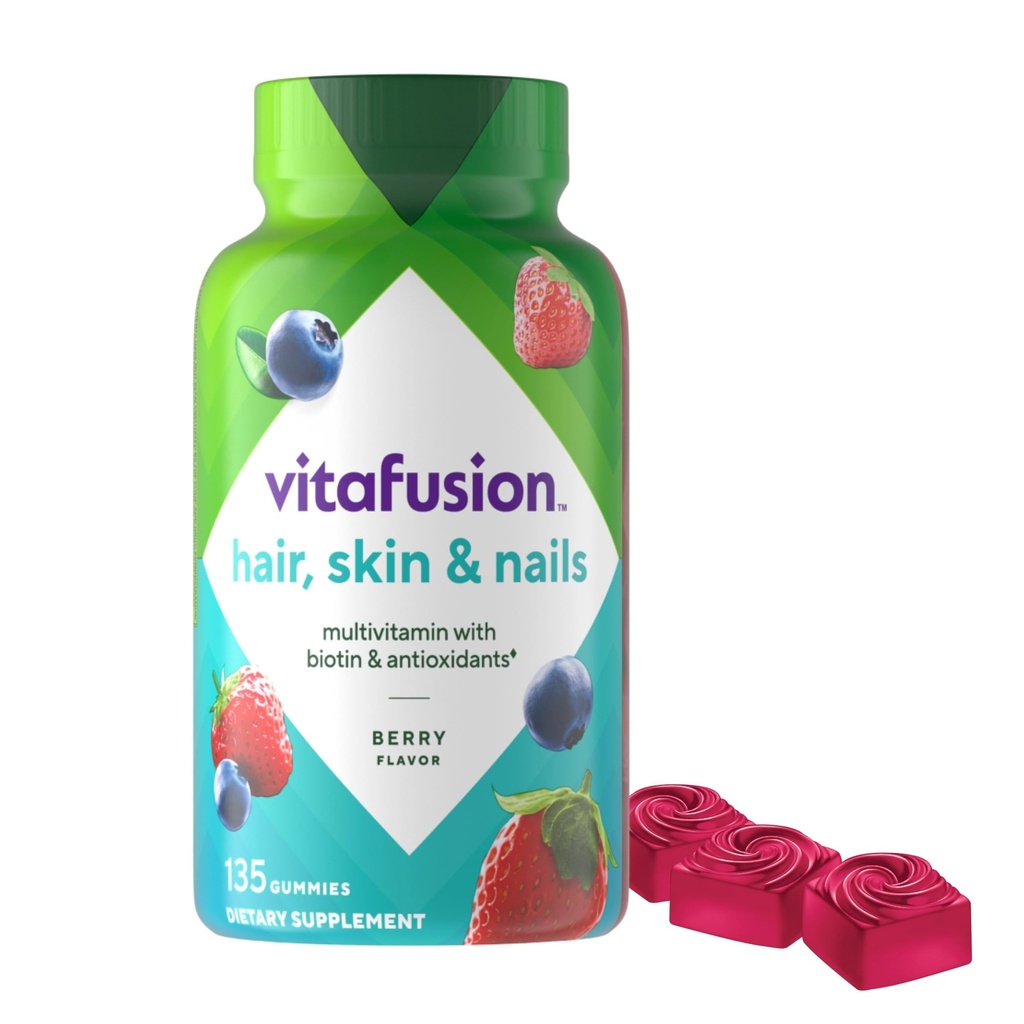 Vitafusion Gorgeous, Skin & Nails Multivitamin Gummy ויטמינים, בתוספת ויטמינים ביוטין ואנטיoxidant C & E, Raspberry Flavor, 135ct Day Supply , מתוך מספר אחת של חניכיים מותג ויטמין מותג