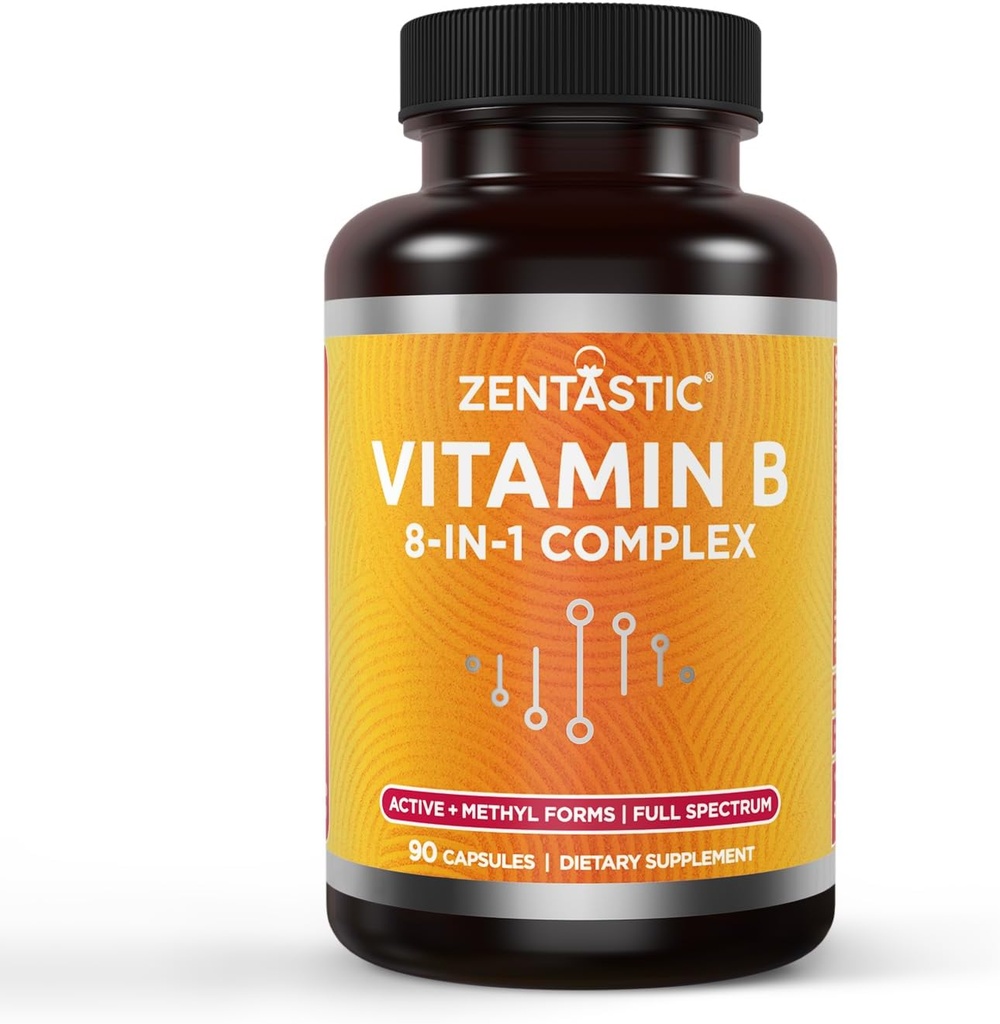 Zentastic ויטמין B-Complex - All B ויטמינים עם B12, B6, B9 Folic Acid, Choline, Inositol - Active and Methyl Forms - מערכת העצבים, אנרגיה, Metabolism, Immune Support - 90 קפסולות טבעוניות