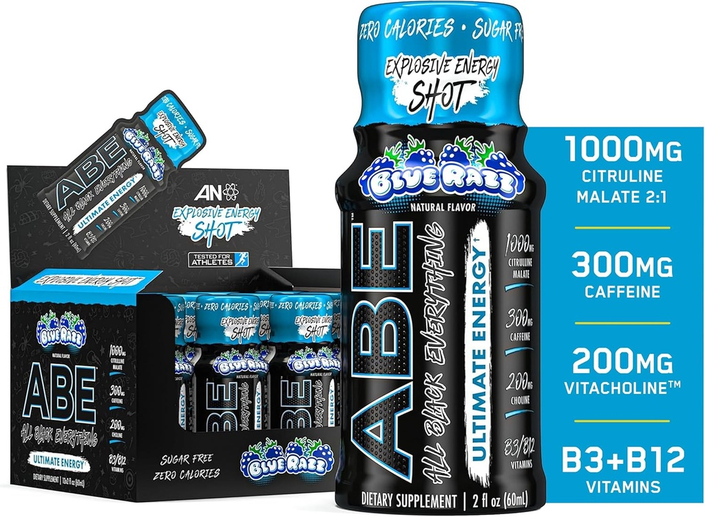 All Black Everything Energy Shots | 12 Pack | 300 מ"ג קפאין | Blue Razz | Zero Sugar | Energy Focus Supplement