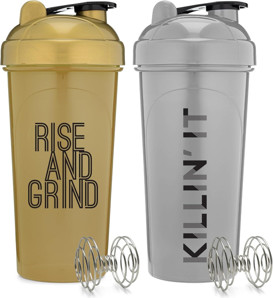 [2 Pack] 28 בקבוקי Ounce Proten Shaker עם Mixer Agitators עם ציטוטים מוטיבציה | Perfect for Mixing חלבונים, Pre-Workout, and Greens Drinks | BPA Free and Disher Safe