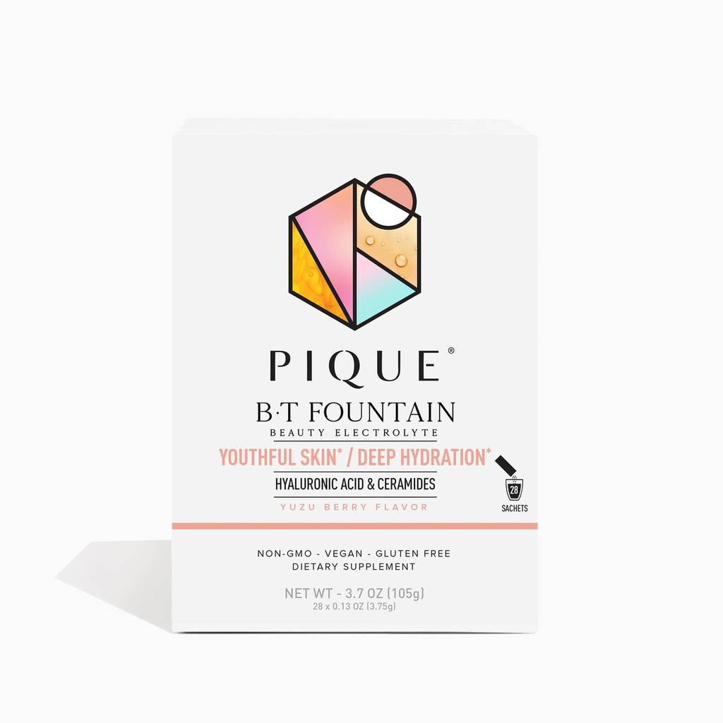 PIQUE BT Fountain Beauty Electrolyte אבקת - אבקת hydrotion Packets עם Hyaluronic Acid, Ceramides, Magnesium עבור hydroted, Austin Skin - No added Sugar - 28 Single Serves (Pack של 1)