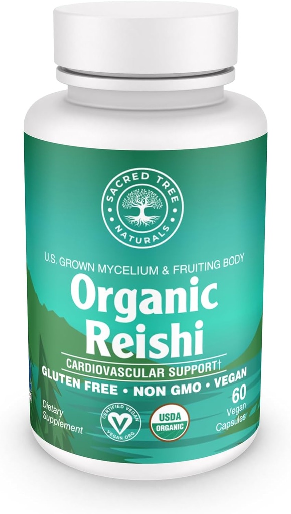 אורגני Reishi Mushroom קפסולות - 1,000 מ"ג - הקלה מתח, בריאות הלב ותחמושת - Non-GMO, טבעוני, 60 Count (30 משרתים)