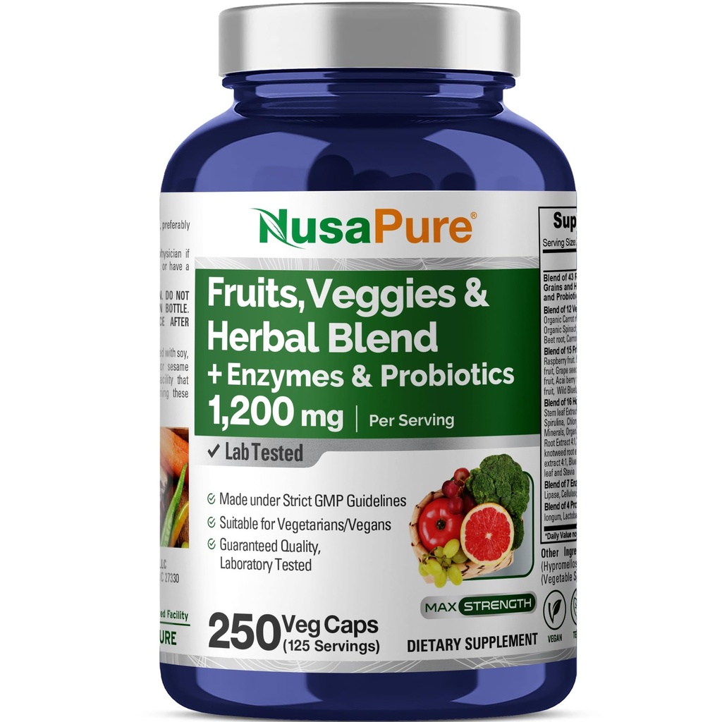 NusaPure 43 פירות ו Veggies Herbal בלנדר, 11 Enzymes & Probiotics, 1200 מ"ג, 250 קפסולות Veggie (Non-GMO, טבעוני)