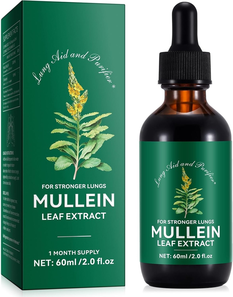 Generic Mullein Leaf Extract Extract - Lung Aid & Purifier - תמיכה נשימתית & Gentle Lung ניקויse - נשימת בריאות - טבעי ובטוח - קיצור מהיר - Vegetarian - 60 מ"ל, 1 חודש אספקה