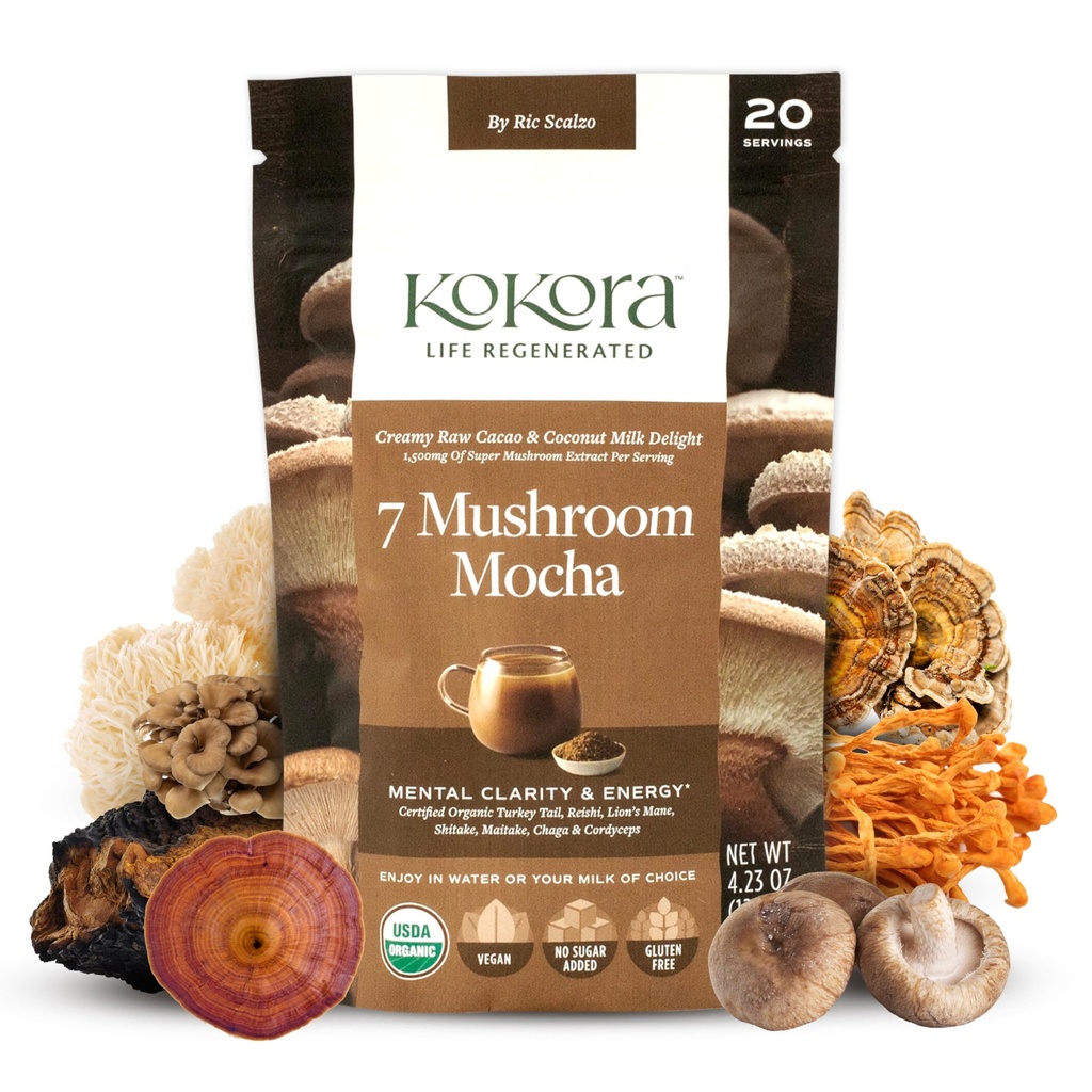 7 Mushroom Mocha - אורגני הסתגלות אבקת Mushroom - כולל טורקיה Tail & Lions Mane - Energyzes & מקדם בהירות נפשית * - טבעוני, גלטן חינם, לא תוספת סוכר - 20 משרתים - 120g