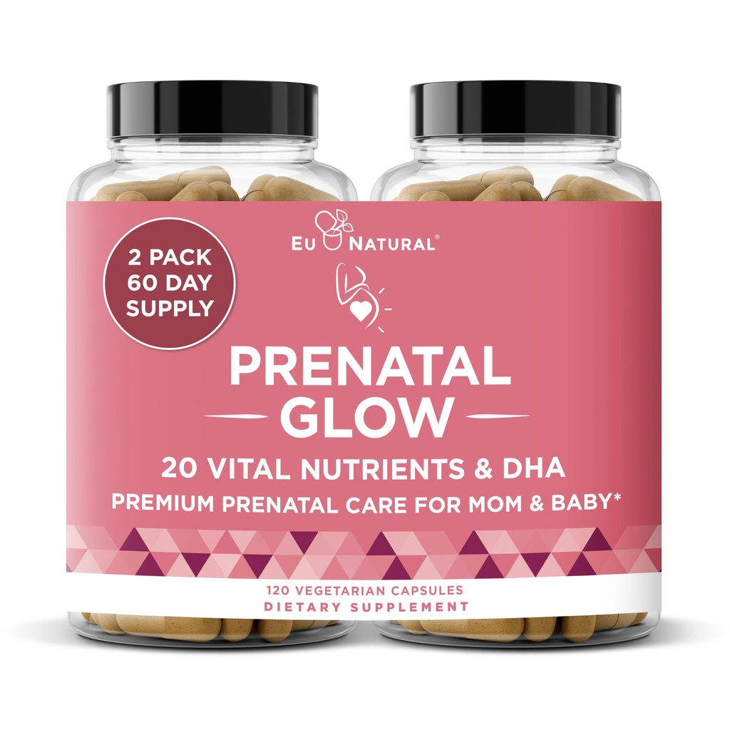 Glow Prenatal ויטמינים לנשים - 20in-1 חומרים מזינים רעילים עבור הריון בריא ופיתוח Fetal - Folic Acid & Vegan DHA עבור צמיחה של התינוק & הריון נוח - 120 קפסולות Nourishing