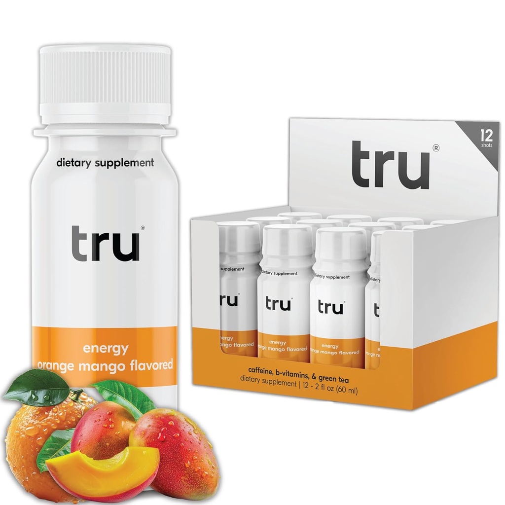 Tru Energy Shot, תוספת כוח משקה עם קפאין טבעי, תה ירוק, ויטמין B3, B6 & ויטמין B12, Zero Sugar & Calories, Keto, טבעוני, Gluten Free, Orange מנגו, 2 FL OZ בקבוקים, 12 Pack