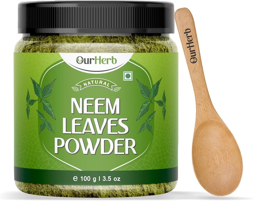 Neem Leaves אבקת פתרון טבעי עבור Pimple-Free Clear Skin & Silky שיער, אידיאלי עבור Face Packs, Hair Care, and Pigmentation Support with Wooden Spoon - 100g