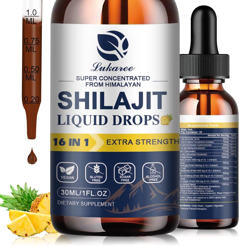 16 ב 1 Shilajit Resin נוזל טיפות, Shilajit W / Ginseng, Turmeric, Rhodiola, Wolfberry, Amla & ויטמינים, Shilajit תוסף עבור גברים ונשים עם 85+ Trace מינרלים & Fulvic Acid, 1 Fl Oz