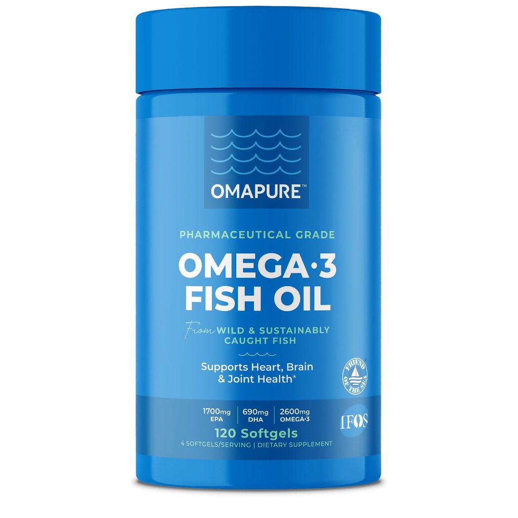 תוספי שמן דגים OMAPURE עם אומגה 3 חומצות שומן (1בק, 120 Softgels) - High EPA, DHA ו- IFOS Fish שמן גלולות תמיכה לב ובריאות משותפת - שמן דגים Burpless מקדם תפקוד המוח