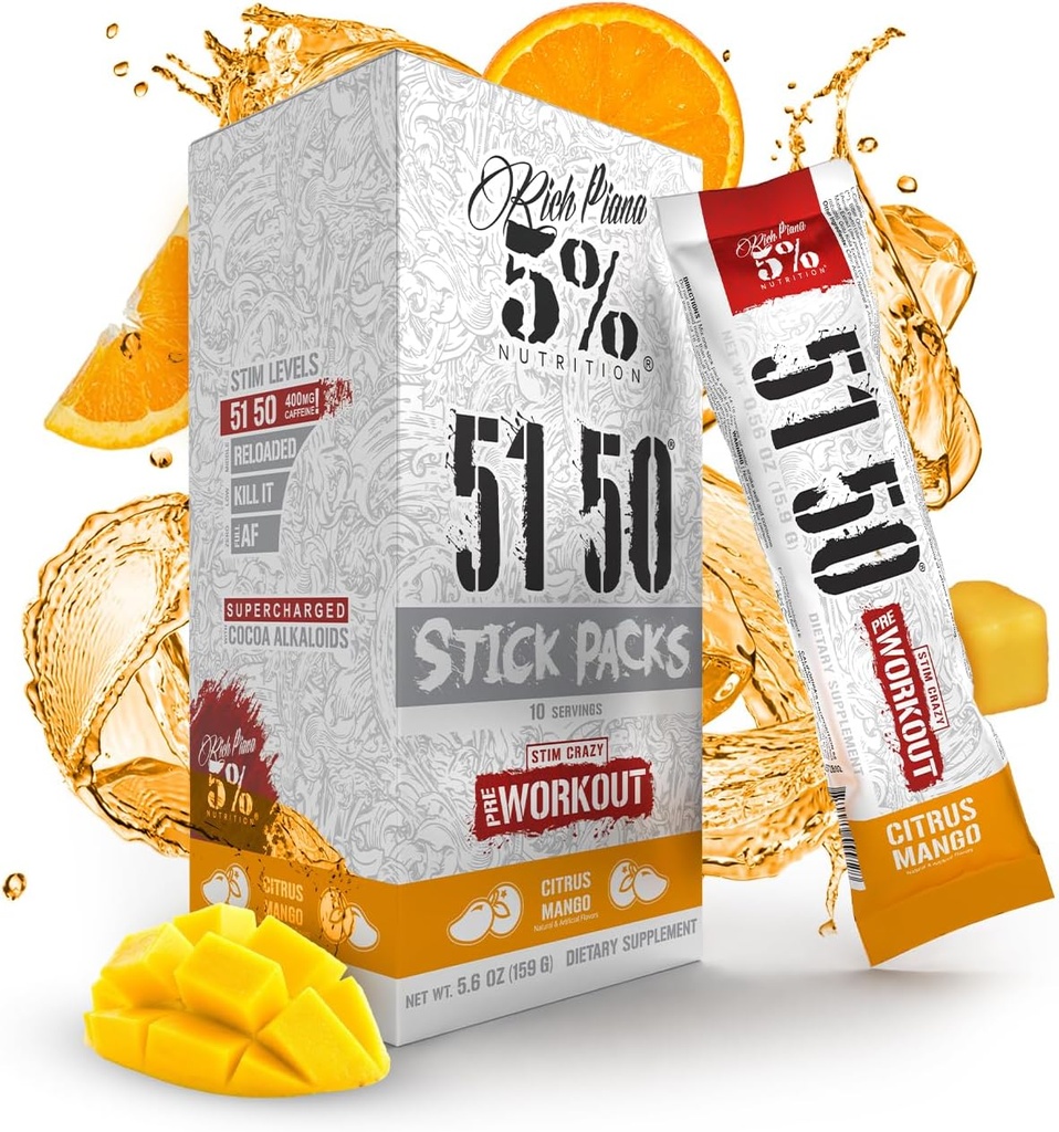 5% תזונה עשירה Piana 5150 High Stim Pre-Workout אבקת Packets | אנרגיה קיצונית, Focus, Pumps & Endurance | 513 מ"ג Caffeine Complex, Citrulline, Betaine, L-Tyrosine (Citrus מנגו) (10 Count)